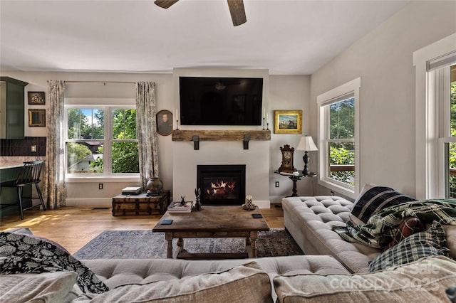 109 Druid Dr, Asheville, NC 28806 - living area with plenty of natural light, a ceiling fan, wood finished floors, and a warm lit fireplace
