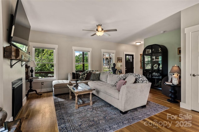 109 Druid Dr, Asheville, NC 28806 - living room with ceiling fan, wood finished floors, baseboards, and a fireplace