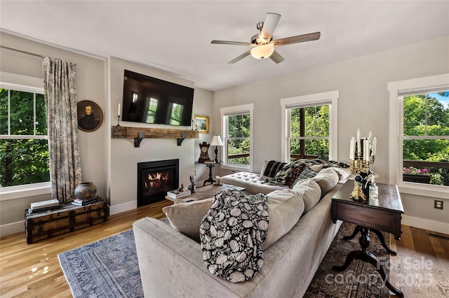 109 Druid Dr, Asheville, NC 28806 - living room with plenty of natural light, ceiling fan, a warm lit fireplace, and wood finished floors