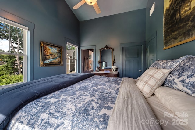 109 Druid Dr, Asheville, NC 28806 - bedroom with high vaulted ceiling and ceiling fan