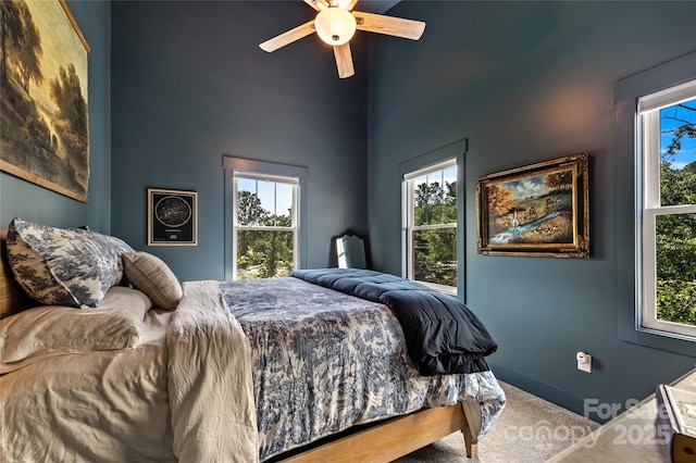 109 Druid Dr, Asheville, NC 28806 - bedroom with carpet flooring, a towering ceiling, multiple windows, and a ceiling fan