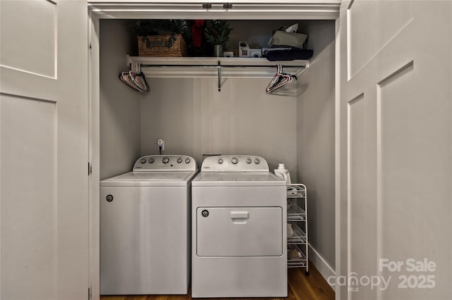 109 Druid Dr, Asheville, NC 28806 - laundry room featuring washer and dryer, dark wood finished floors, and baseboards