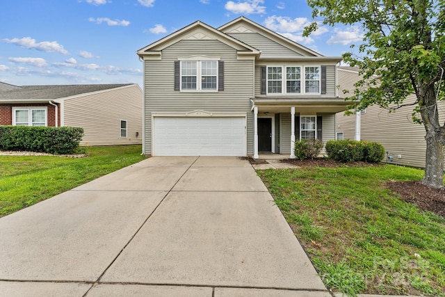 673 Shellbark Dr, Concord, NC 28025 - traditional-style house with an attached garage, concrete driveway, a front yard, and covered porch