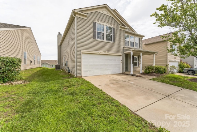 673 Shellbark Dr, Concord, NC 28025 - traditional-style house with an attached garage, concrete driveway, a front yard, and central air condition unit