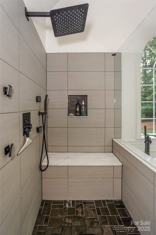 14831 Charterhouse Ln, Huntersville, NC 28078 - bathroom featuring a tile shower and brick patterned floors