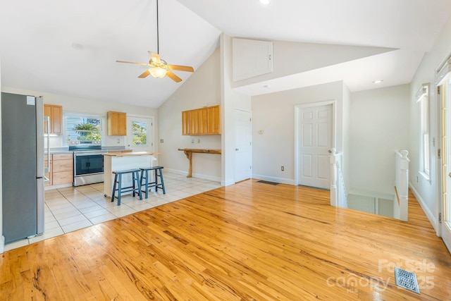 64 Mclain St, Asheville, NC 28803 - kitchen featuring stainless steel appliances, high vaulted ceiling, a ceiling fan, a breakfast bar area, and light wood finished floors