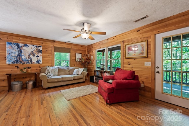 823 Turtle Creek Rd, Sylva, NC 28779 - living room with hardwood / wood-style flooring, ceiling fan, wooden walls, and a textured ceiling