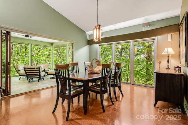1760 Winding Creek Dr, Waynesville, NC 28786 - dining space featuring light wood-style flooring and high vaulted ceiling