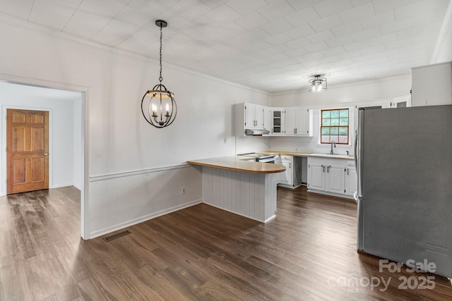 956 Stony Point Rd, Kings Mountain, NC 28086 - kitchen with stainless steel appliances, ornamental molding, a peninsula, under cabinet range hood, and a sink