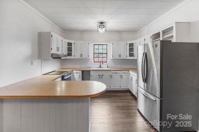 956 Stony Point Rd, Kings Mountain, NC 28086 - kitchen with stainless steel appliances, a sink, a peninsula, under cabinet range hood, and dark wood-style floors