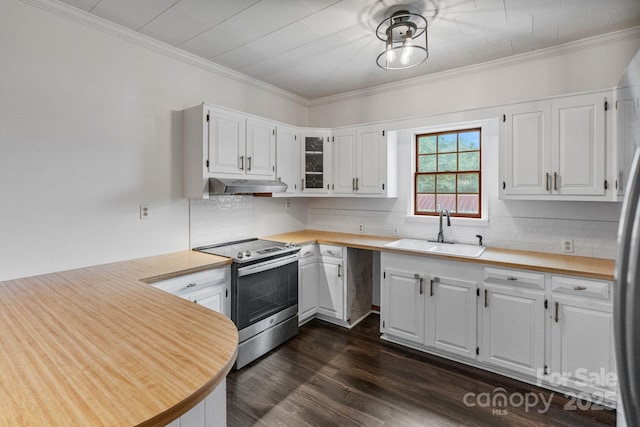 956 Stony Point Rd, Kings Mountain, NC 28086 - kitchen with stainless steel electric range, under cabinet range hood, a sink, crown molding, and white cabinetry