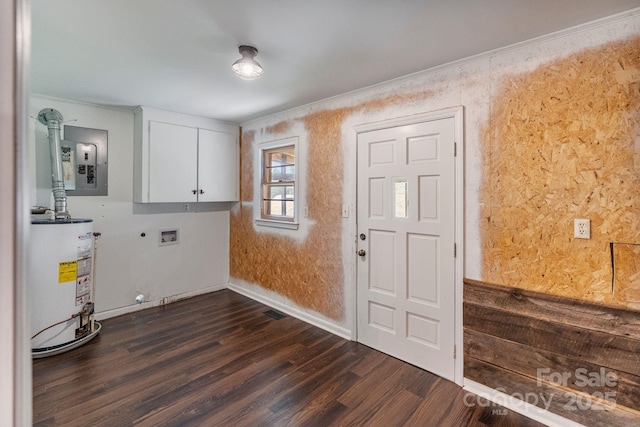 956 Stony Point Rd, Kings Mountain, NC 28086 - washroom featuring cabinet space, gas water heater, hookup for a washing machine, electric panel, and dark wood-type flooring