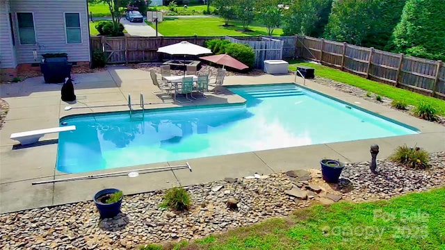 141 Weathers Creek Rd, Troutman, NC 28166 - view of swimming pool with a diving board, a fenced backyard, and a patio