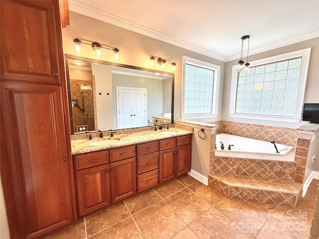 141 Weathers Creek Rd, Troutman, NC 28166 - bathroom with double vanity, ornamental molding, a bath, tile patterned floors, and a stall shower