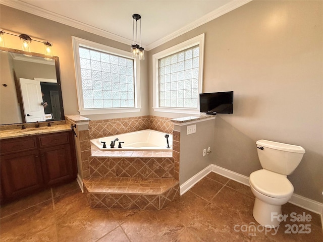 141 Weathers Creek Rd, Troutman, NC 28166 - bathroom featuring a bath, vanity, healthy amount of natural light, tile patterned floors, and ornamental molding