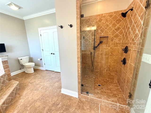 141 Weathers Creek Rd, Troutman, NC 28166 - bathroom with a stall shower and crown molding