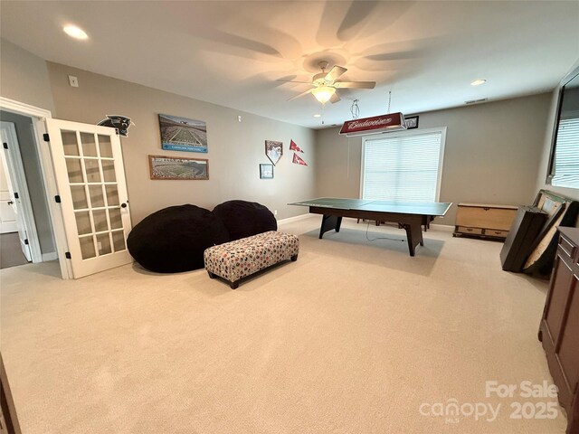 141 Weathers Creek Rd, Troutman, NC 28166 - recreation room featuring light colored carpet, ceiling fan, recessed lighting, and healthy amount of natural light