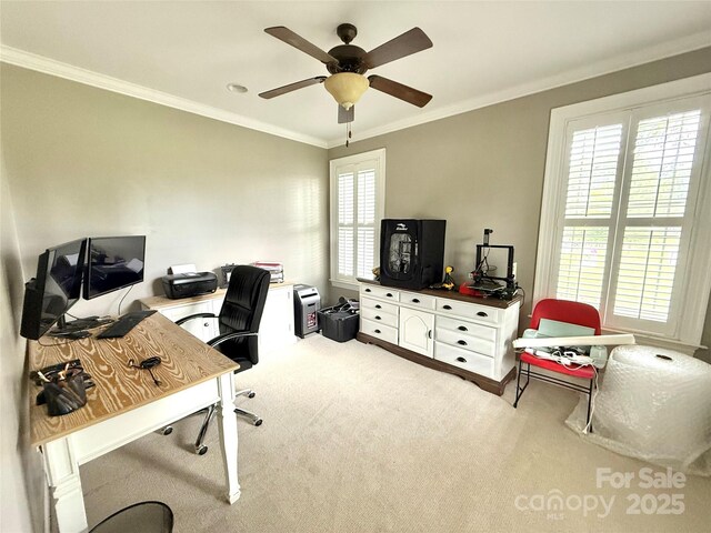 141 Weathers Creek Rd, Troutman, NC 28166 - office with ceiling fan, carpet floors, and ornamental molding