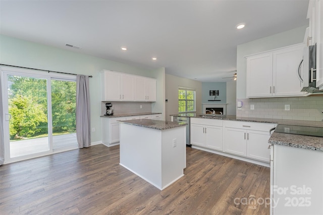 347 Carolina Hemlock Dr, Locust, NC 28097 - kitchen featuring decorative backsplash, stone countertops, appliances with stainless steel finishes, white cabinetry, and recessed lighting