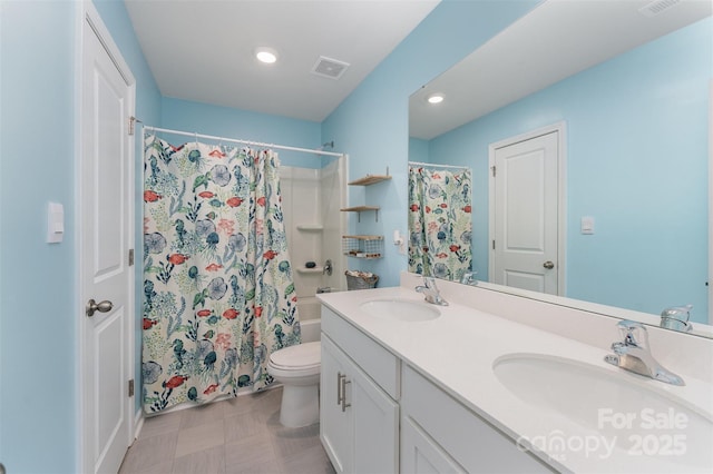 347 Carolina Hemlock Dr, Locust, NC 28097 - full bathroom featuring double vanity, toilet, recessed lighting, and shower / bathtub combination with curtain