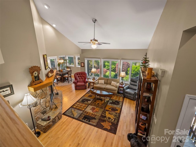 117 Eagles Crest Way, Lake Lure, NC 28746 - living area featuring wood finished floors, high vaulted ceiling, a ceiling fan, and recessed lighting