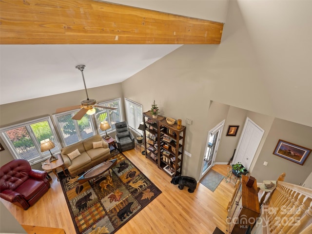 117 Eagles Crest Way, Lake Lure, NC 28746 - living room with wood finished floors, ceiling fan, and high vaulted ceiling