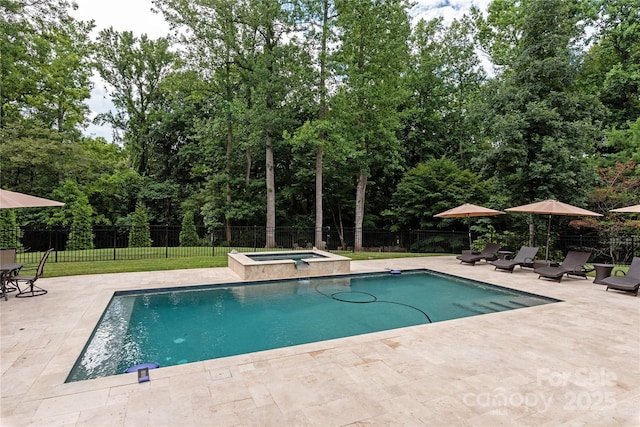 1032 Seminole Dr, Waxhaw, NC 28173 - view of pool featuring an in-ground hot tub, a patio area, and view of wooded area