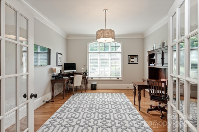 1032 Seminole Dr, Waxhaw, NC 28173 - office area featuring french doors, crown molding, and light wood-style floors