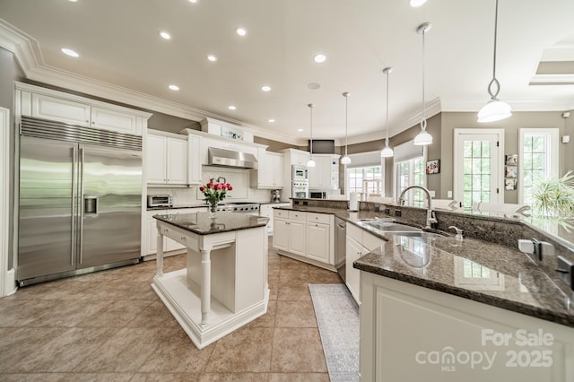 1032 Seminole Dr, Waxhaw, NC 28173 - kitchen featuring appliances with stainless steel finishes, crown molding, under cabinet range hood, white cabinetry, and decorative backsplash