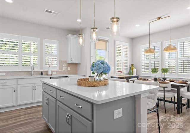 5481 Comiskey Aly, Kannapolis, NC 28081 - kitchen with gray cabinets, light countertops, a center island, wood finished floors, and a sink