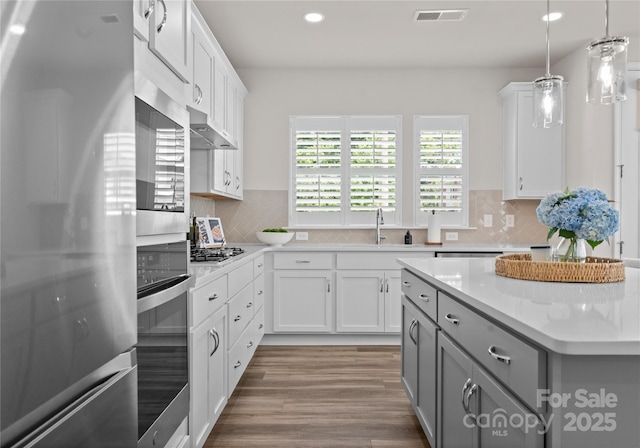5481 Comiskey Aly, Kannapolis, NC 28081 - kitchen featuring freestanding refrigerator, gray cabinets, a sink, under cabinet range hood, and light countertops