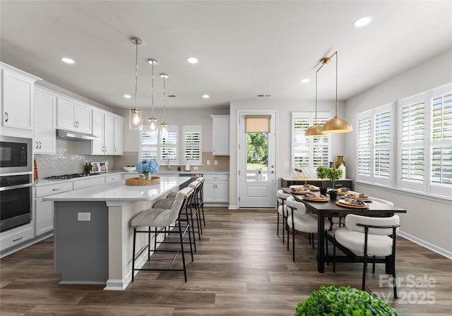 5481 Comiskey Aly, Kannapolis, NC 28081 - kitchen featuring oven, stainless steel microwave, under cabinet range hood, recessed lighting, and tasteful backsplash