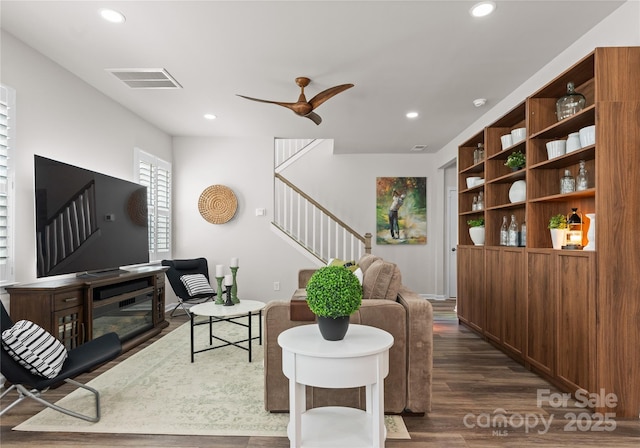 5481 Comiskey Aly, Kannapolis, NC 28081 - living room featuring stairway, dark wood finished floors, recessed lighting, and ceiling fan
