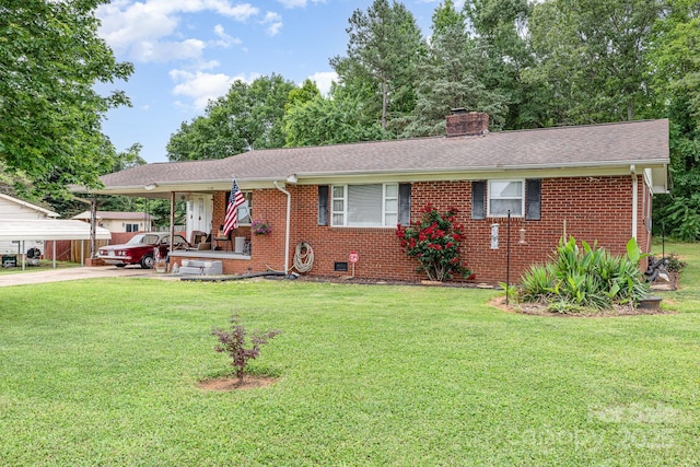 2210 Joes Lake Rd, Shelby, NC 28152 - single story home with a front yard, a chimney, brick siding, and a carport