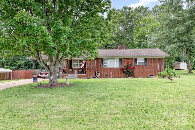 2210 Joes Lake Rd, Shelby, NC 28152 - ranch-style home with crawl space, brick siding, a chimney, and driveway