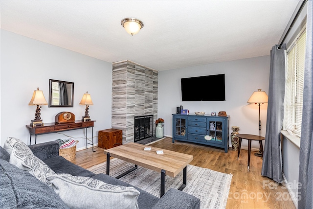 2210 Joes Lake Rd, Shelby, NC 28152 - living area featuring a fireplace, wood finished floors, and baseboards