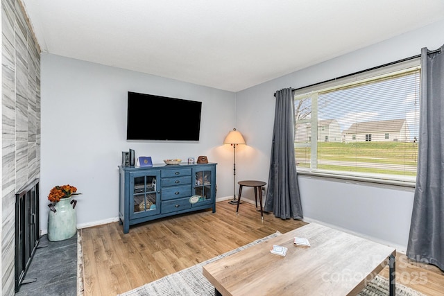 2210 Joes Lake Rd, Shelby, NC 28152 - living room with light wood-type flooring, baseboards, and a large fireplace
