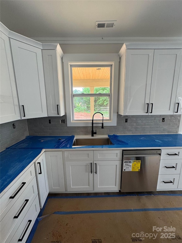 2589 Polo Ln, Maiden, NC 28650 - kitchen with dishwasher, a sink, backsplash, and white cabinets