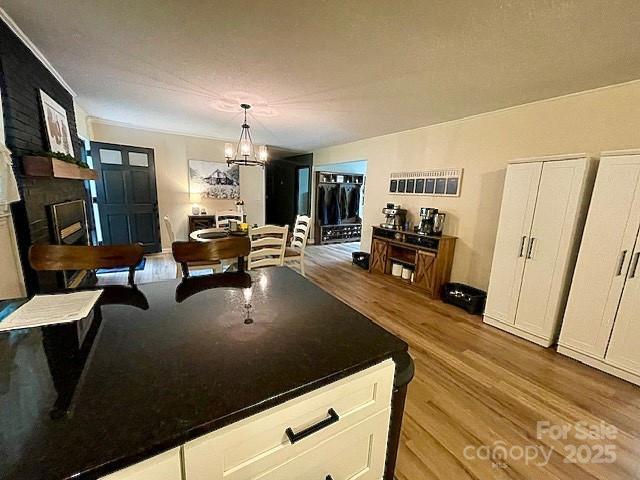 135 Michelle Dr, Ellenboro, NC 28040 - kitchen featuring light wood finished floors, white cabinetry, a chandelier, a fireplace, and decorative light fixtures