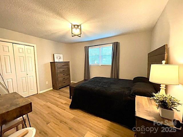 135 Michelle Dr, Ellenboro, NC 28040 - bedroom with light wood finished floors, a closet, and a textured ceiling