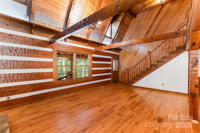 2709 Blythe Rd, Waxhaw, NC 28173 - unfurnished living room with wood-type flooring, stairs, high vaulted ceiling, wood walls, and beam ceiling