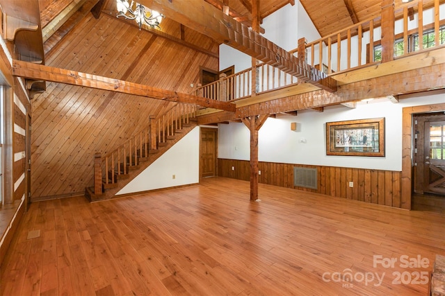 2709 Blythe Rd, Waxhaw, NC 28173 - unfurnished living room featuring high vaulted ceiling, stairway, wood walls, wainscoting, and hardwood / wood-style flooring