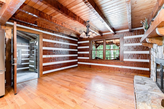 2709 Blythe Rd, Waxhaw, NC 28173 - unfurnished living room with hardwood / wood-style flooring, a chandelier, wooden ceiling with exposed beams, and wood walls