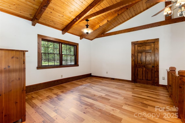 2709 Blythe Rd, Waxhaw, NC 28173 - spare room with wood ceiling with exposed beams, light wood-type flooring, baseboards, a ceiling fan, and high vaulted ceiling
