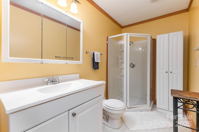 2709 Blythe Rd, Waxhaw, NC 28173 - bathroom with a stall shower, vanity, toilet, ornamental molding, and tile patterned flooring