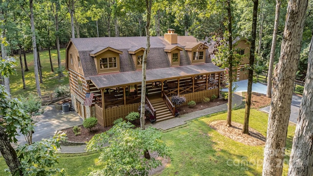 2709 Blythe Rd, Waxhaw, NC 28173 - view of front of house featuring a shingled roof, a chimney, a front yard, stairs, and a view of trees