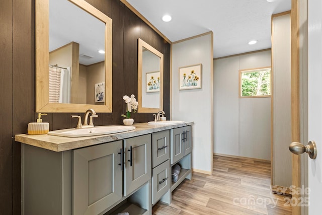 977 Myers Mill Rd, Olin, NC 28660 - full bath featuring double vanity, wood finished floors, and recessed lighting