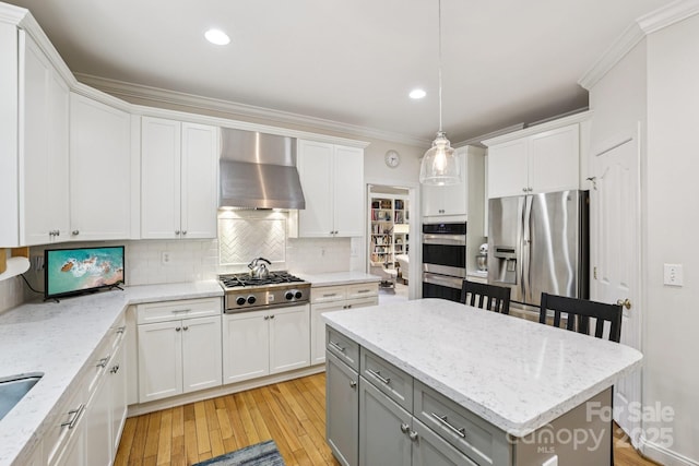 11103 Fountaingrove Dr, Charlotte, NC 28262 - kitchen featuring wall chimney range hood, stainless steel appliances, gray cabinetry, light wood finished floors, and backsplash