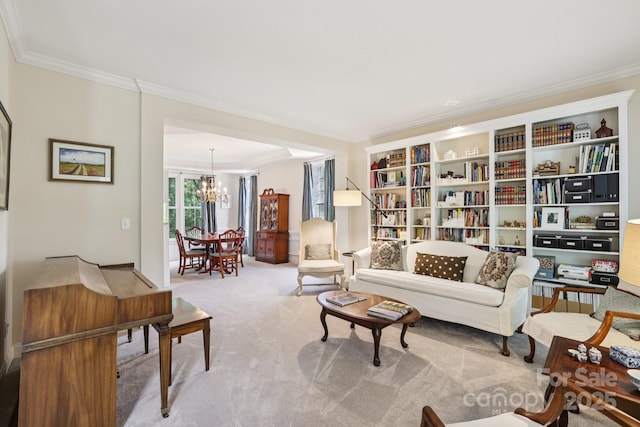 11103 Fountaingrove Dr, Charlotte, NC 28262 - carpeted living area with ornamental molding and a chandelier