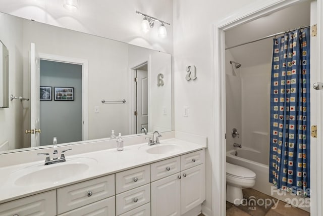 11103 Fountaingrove Dr, Charlotte, NC 28262 - full bath with double vanity, toilet, shower / bathtub combination with curtain, and tile patterned flooring
